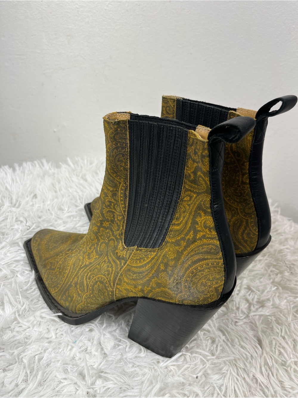 John Fluevog Yellow Paisley Diana Chelsea Booties with Black Trim - Picture 3 of 11